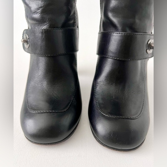 CHANEL | Black Leather Knee High Heel Boots CC Logo Turnlock EU 37 - Picture 5 of 15